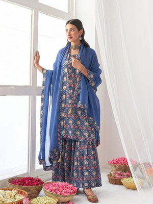 Rajwada Blue Muslin Printed Stitched Kurta Set For Women