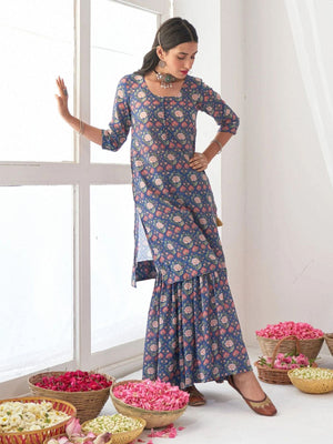 Rajwada Blue Muslin Printed Stitched Kurta Set For Women