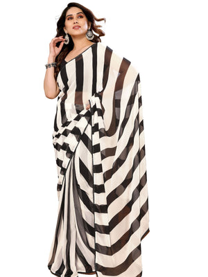 Rajwada Designer Black and White Printed Ready-to-Wear Saree with Unstitched Blouse for Women