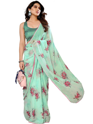 Rajwada Designer Light Blue Printed Ready-to-Wear Saree with Unstitched Blouse for Women