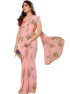 Rajwada Designer Peach Printed Ready-to-Wear Saree with Unstitched Blouse for Women