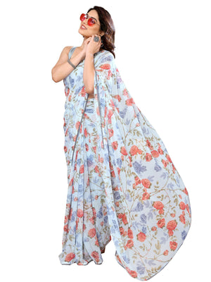 Rajwada Designer Blue Printed Ready-to-Wear Saree with Unstitched Blouse for Women