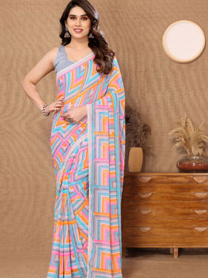 Rajwada Designer Multicolor Printed Ready-to-Wear Saree with Unstitched Blouse for Women