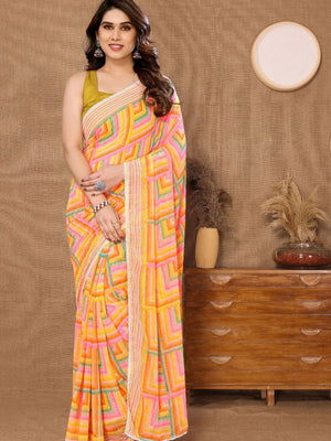 Rajwada Designer Yellow Printed Ready-to-Wear Saree with Unstitched Blouse for Women