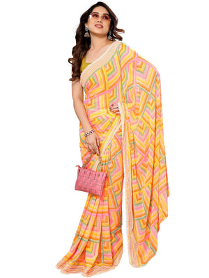 Rajwada Designer Yellow Printed Ready-to-Wear Saree with Unstitched Blouse for Women