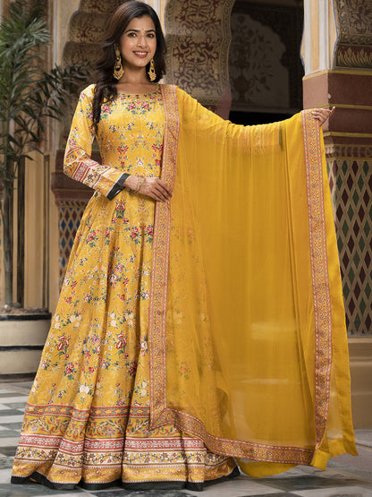 Rajwada Yellow Silk Stitched Gown with Dupatta For Women