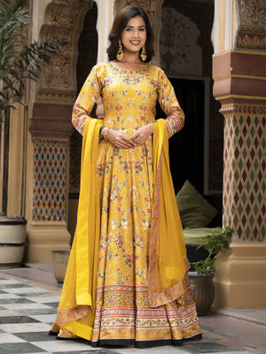 Rajwada Yellow Silk Stitched Gown with Dupatta For Women