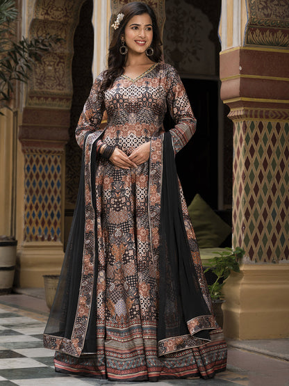 Rajwada Black Silk Stitched Gown with Dupatta For Women