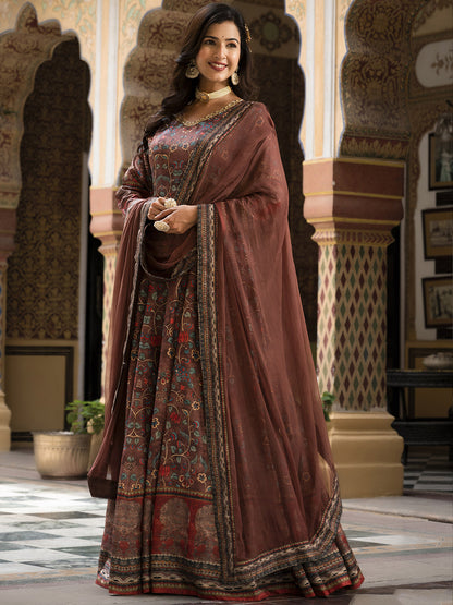 Rajwada Brown Silk Stitched Gown with Dupatta For Women