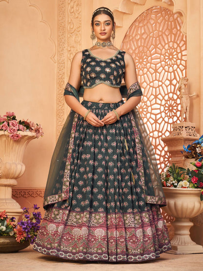 Rajwada Black Chinon Printed Stitched Lehenga Set For Women
