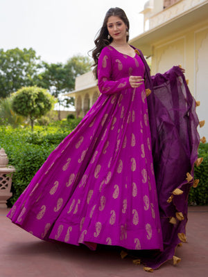 Rajwada Purple Rayon Gold Foil Work Gown with Dupatta for Women