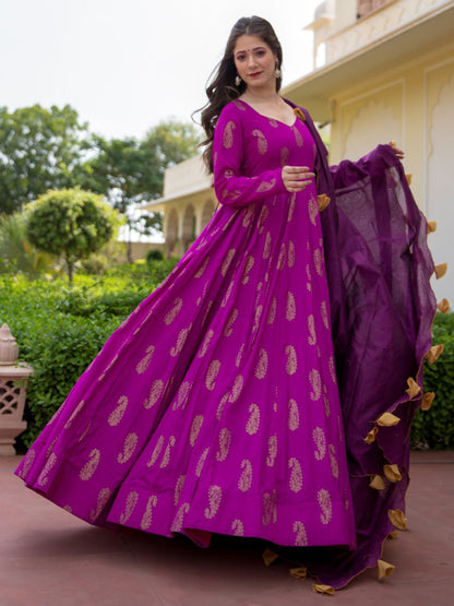 Rajwada Purple Rayon Gold Foil Work Gown with Dupatta for Women
