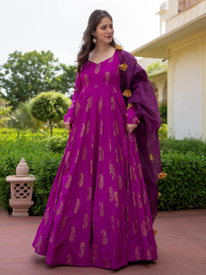 Rajwada Purple Rayon Gold Foil Work Gown with Dupatta for Women
