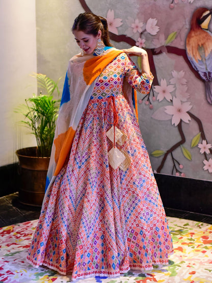 Rajwada Multi Silk Blend Printed Gown with Dupatta For Women