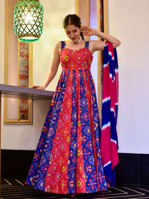Rajwada Multi Silk Blend Printed Gown with Dupatta For Women