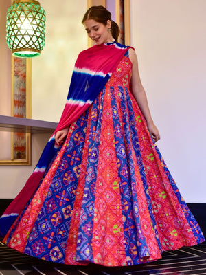 Rajwada Multi Silk Blend Printed Gown with Dupatta For Women