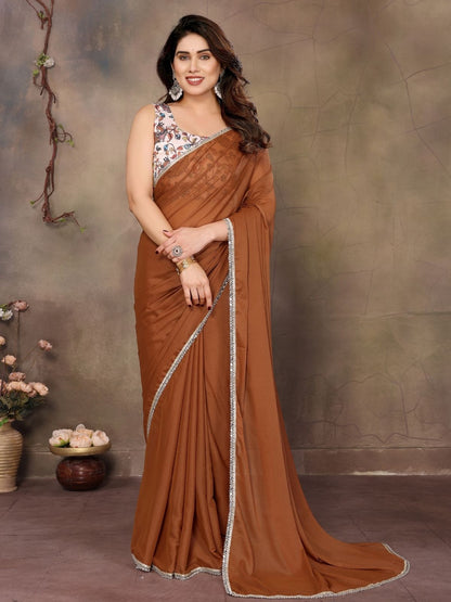 Rajwada Brown Georgette Plain Saree With Unstitched Blouse For Women