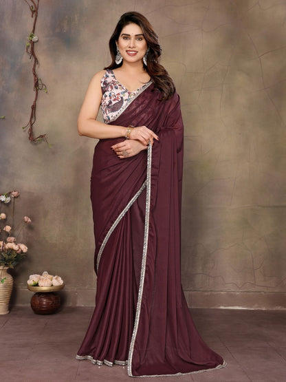 Rajwada Maroon Georgette Plain Saree With Unstitched Blouse For Women