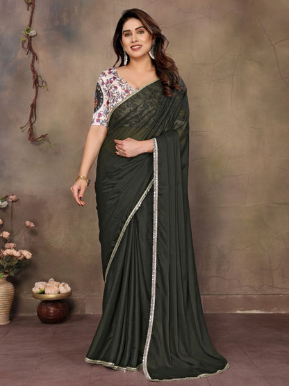 Rajwada Dark Green Georgette Plain Saree With Unstitched Blouse For Women