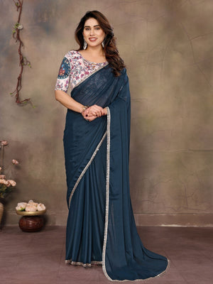 Rajwada Teal Blue Georgette Plain Saree With Unstitched Blouse For Women