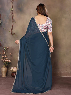 Rajwada Teal Blue Georgette Plain Saree With Unstitched Blouse For Women