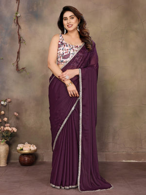 Rajwada Wine Georgette Plain Saree With Unstitched Blouse For Women