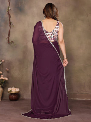 Rajwada Wine Georgette Plain Saree With Unstitched Blouse For Women