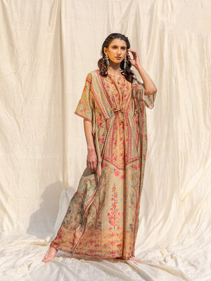 Rajwada Light Green Silk Printed Stitched Indo Western Kaftan For Women