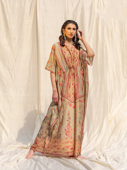 Rajwada Light Green Silk Printed Stitched Indo Western Kaftan For Women