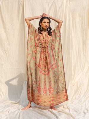 Rajwada Light Green Silk Printed Stitched Indo Western Kaftan For Women