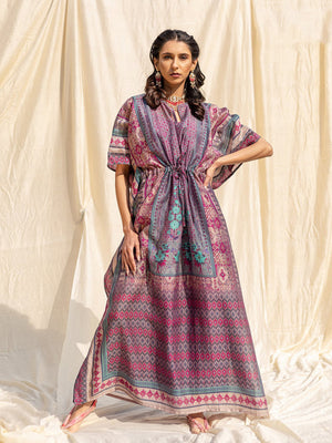 Rajwada Violet Silk Printed Stitched Indo Western Kaftan For Women