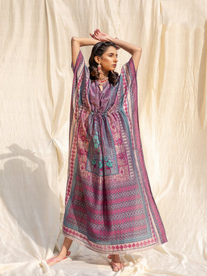 Rajwada Violet Silk Printed Stitched Indo Western Kaftan For Women