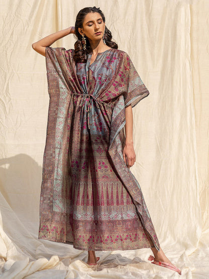 Rajwada Brown Silk Printed Stitched Indo Western Kaftan For Women