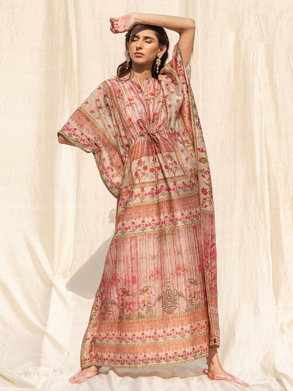 Rajwada Beige Silk Printed Stitched Indo Western Kaftan For Women
