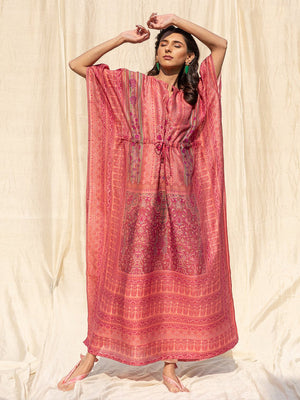 Rajwada Pink Silk Printed Stitched Indo Western Kaftan For Women