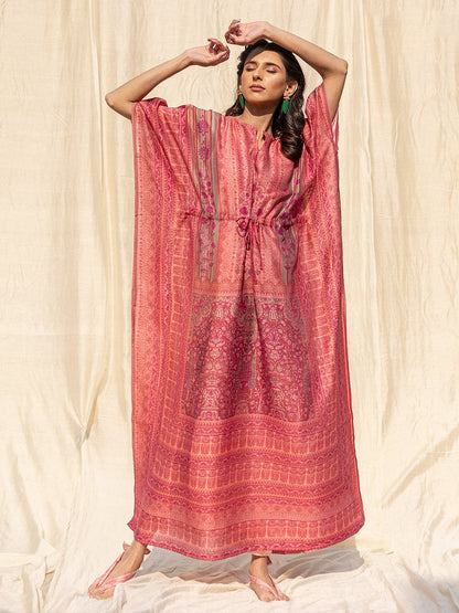 Rajwada Pink Silk Printed Stitched Indo Western Kaftan For Women