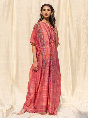 Rajwada Pink Silk Printed Stitched Indo Western Kaftan For Women