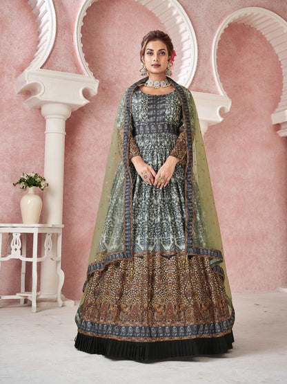 Rajwada Black Silk Printed Stitched Gown For Women