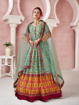 Rajwada Sea Green Silk Printed Stitched Gown For Women