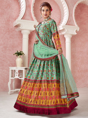 Rajwada Sea Green Silk Printed Stitched Gown For Women