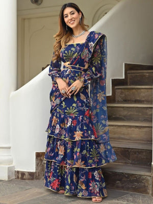 Rajwada Navy Blue Georgette Printed Saree with Stitched Blouse for Women