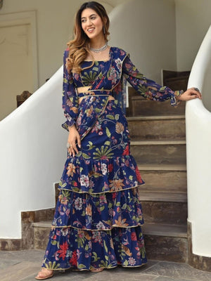 Rajwada Navy Blue Georgette Printed Saree with Stitched Blouse for Women