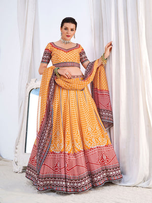Rajwada Women's Yellow Chinon Semi Stitched Lehenga with Unstitched Blouse