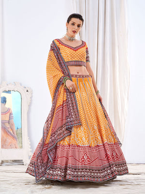 Rajwada Women's Yellow Chinon Semi Stitched Lehenga with Unstitched Blouse