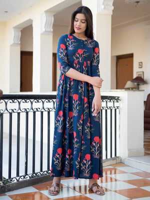 Rajwada Blue Muslin Stitched Gown For Women