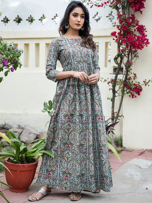 Rajwada Teal Muslin Stitched Gown For Women