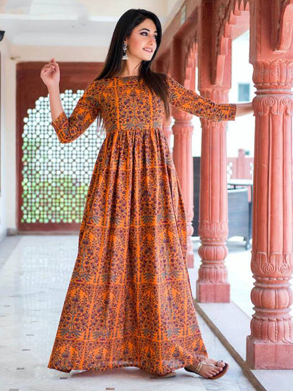 Rajwada Orange Muslin Stitched Gown For Women
