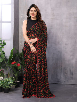 Rajwada Women Black And Red Georgette Printed Saree With Unstitched Blouse