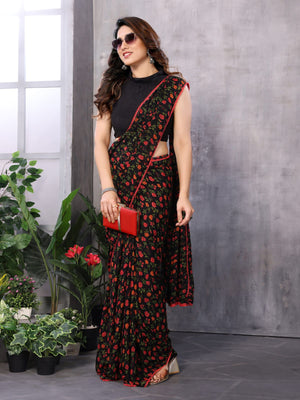 Rajwada Women Black And Red Georgette Printed Saree With Unstitched Blouse