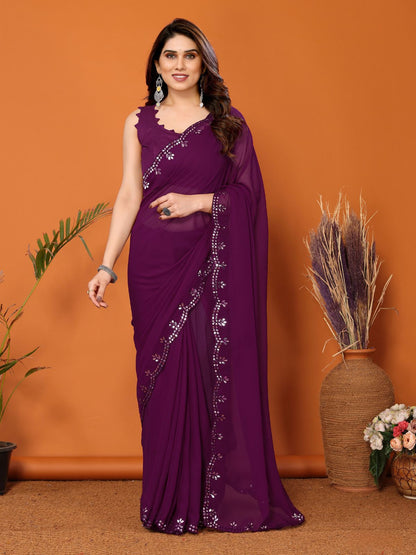 Rajwada Women Purple Georgette Mirror Work Saree With Unstitched Blouse